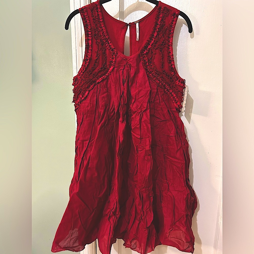 NWT Free People red beaded embroidered mini dress lagenlook boho indie Sz M